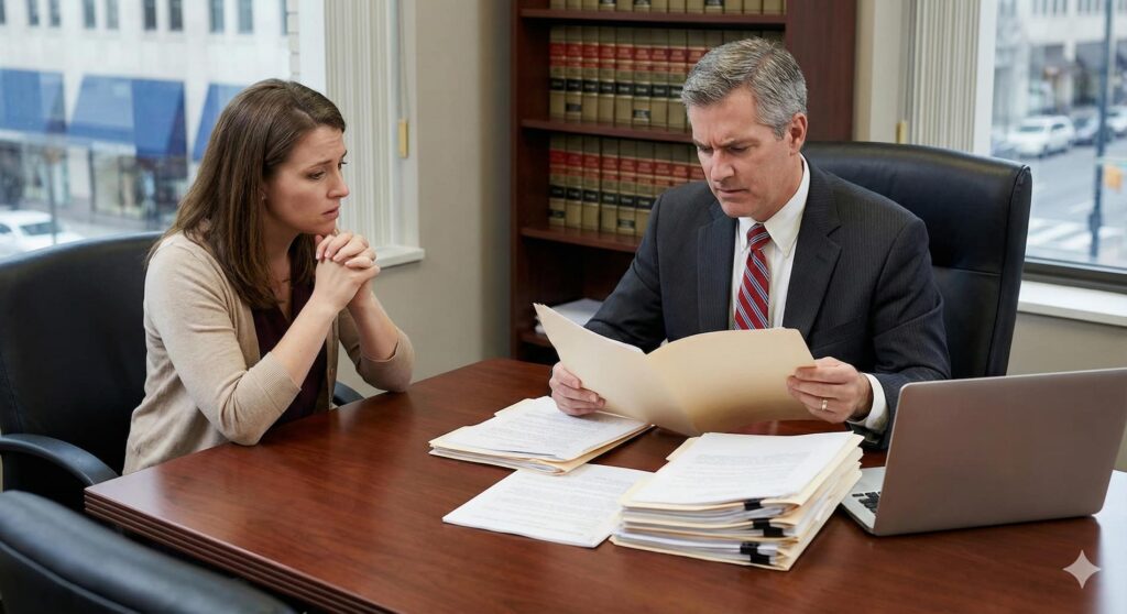 A Berniard Law Firm attorney reviewing complex case files with a client during a confidential consultation regarding a legal malpractice claim.
